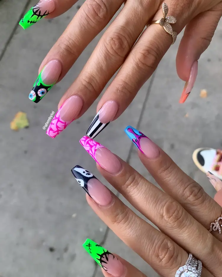 Halloween themed nail art on coffin nails
